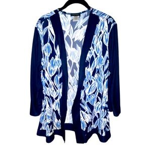 Slinky Brand Floral Navy Blue Open Front Cardigan Lightweight Size Large